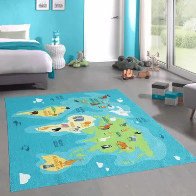 Produktbild von Lernteppich für Kinder „Kontinente spielend lernen“ türkis-blau Größe - 160 x 220 cm