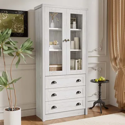 Obrázek produktu pro Komoda AIORBER, se skleněnými dvířky, 3 zásuvkami a elegantními měděnými úchyty, vysoká skříň, 80 x 34 x 171 cm, do obývacího pokoje, barva dřeva