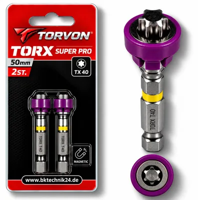Imagen del producto de TORVON. Juego de 2 puntas de destornillador magnéticas, tipo hexagonal y Torx T40, de 50 mm., Imagen generada por IA