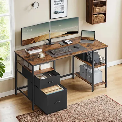Produktbild von VASAGLE Schreibtisch mit 3 Ablagen, Bürotisch mit 2 Schubladen, 140 x 60 x 76 cm, Industrie-Stil, schwarz
