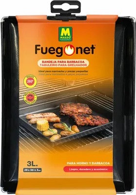 A product package for a grill tray, showing a grill tray with food on it.