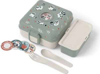 Immagine prodotto di Contenitore per sandwich per bambini Monbento, posate incluse, senza BPA, Snacky Raccoon, 850 ml, contenitore rimovibile, 4 adesivi personalizzabili