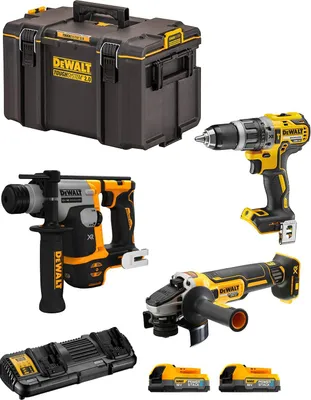 A collection of DeWALT power tools and a storage case.