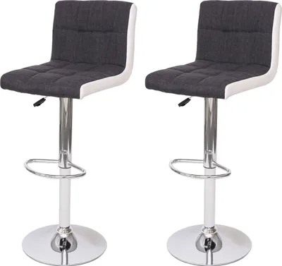 Two dark gray and white bar stools with chrome bases are shown against a white background.