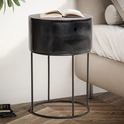 Produktbild von WOHNLING Nachtkonsole Mango Massivholz Metall 40x40x60 cm Nachttisch Schwarz Nachtkommode Rund Boxspringbett mit Schublade Nachtkästchen mit Stauraum