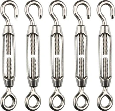 A set of five metal turnbuckles, each with a hook on one end and an eye loop on the other, arranged in a row against a white background.