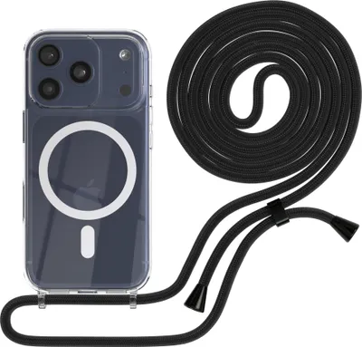 Produktbild von EAZY CASE - Handykette kompatibel mit Apple iPhone 17 Pro, Kette zum Umhängen, Handyhülle stoßfest, Silikonhülle mit Band, Transparente Hülle, Band in Schwarz