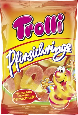 Produktbild von Trolli Pfirsichringe, Weiche Süßigkeiten, 200 g, Pfirsich, Orange, Weiß, Gelb, 336 kcal, 77 g