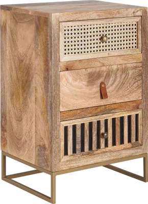 Produktbild von WOHNLING Nachttisch Mango Massivholz / Metall 40x60x30 cm Nachtschrank Boxspringbett Nachtkonsole mit 3 Schubladen Nachtkommode Wiener Geflecht