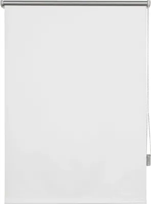 A white roller blind is shown hanging from a silver rod.