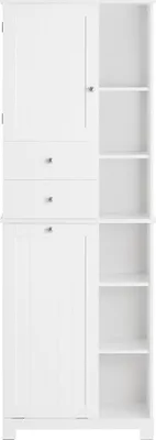 SoBuy Hochschrank BZR104-W weiß mit 2 Türen und Schubladen im skandinavischen Design