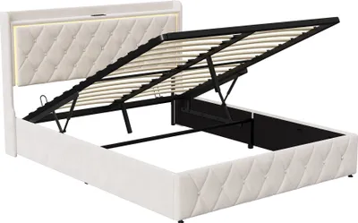Produktbild von 160 x 200 cm großes Stauraumbett aus beigefarbenem Samt mit integrierter LED-Beleuchtung und Ladeanschlüssen – Modernes und funktionales Design