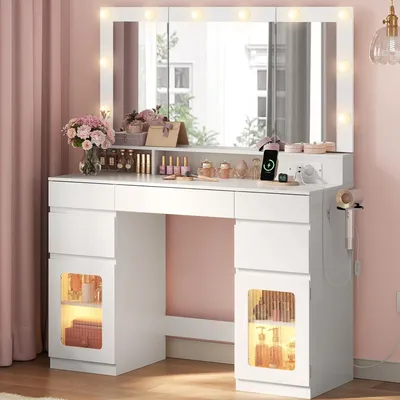 Produktbild von WOLTU Schminktisch mit Beleuchtung, dreiteiliger Klappspiegel mit 10 LEDs, 3 Lichtfarben, Föhnhalter