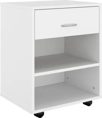 A white roll container with a drawer and two open shelves, shown from the front.