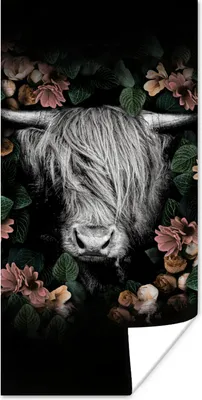 Produktbild von MuchoWow® Poster Schottischer Highlander - Blumen - Rosa 20x40 cm - Plakat - Foto
