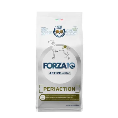 A bag of Forza10 Periaction Active dog food against a white background.