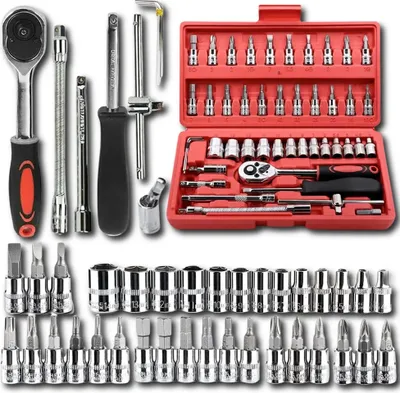 Produktbild von 46-tlg. Steckschlüsselsatz mit Ratsche aus Stahl, Nüsse Set