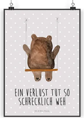 Produktbild von Mr. & Mrs. Panda Bild Bär Schaukel DIN A3 - Grau Pastell - Geschenk, kunstdruck poster, Wandbild, Teddy, Deko, drucke, wanddeko
