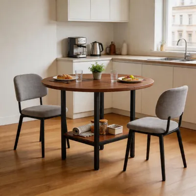Produktbild von Runder Esstisch mit Stauraumregal 100 cm Walnuss-Holzmaserung Metallrahmen 4-6 Personen