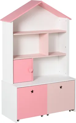 Produktbild von HOMCOM Kinder-Bücherregal aus Holz, Kinder-Bücherregal mit 4 Fächern, 1 Tür und 2 herausnehmbaren Schubladen mit Rollen für Bücher, Spielzeug, 80 x 34 x 130 cm, Rosa und Weiß