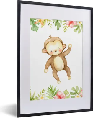 Produktbild von MuchoWow® MuchoWow® Gerahmtes Poster Affe - Blumen - Dschungel 30x40 cm - Poster mit zchwarzem Bilderrahmen - Wandposter Schlafzimmer