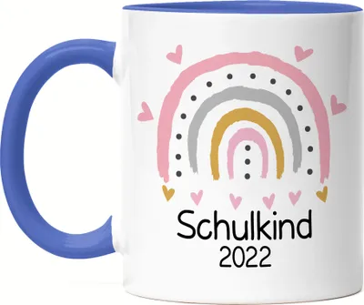 Produktbild von Schulkind 2022 Tasse Blau Einschulungsgeschenk Grundschule 1. Klasse Mädchen Motiv Herzchen