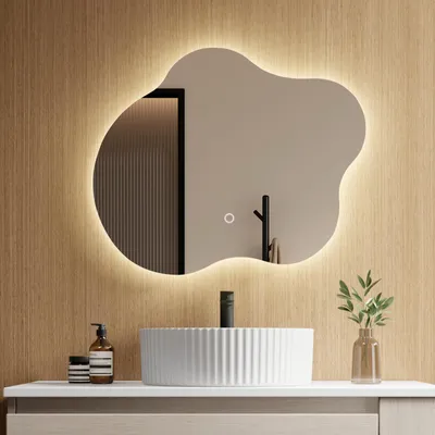 Image de Miroir de salle de bain EMKE LED 60 x 50 cm - Anti-buée - 3 couleurs d'éclairage réglables - Interrupteur tactile - Miroir de salle de bain aux formes organiques avec éclairage