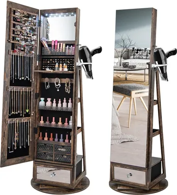 Produktbild von 164 cm hoher abschließbarer Schmuckschrank, um 360° drehbarer Schmuck-Organizer mit LED-Leuchten, Haartrocknerständer, Make-up-Spiegel und Regal, rahmenloser Ganzkörperspiegel mit Stauraum
