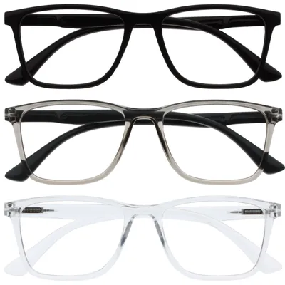 Produktbild von OPULIZE NYX Blaulichtfilter Lesebrille für Damen Herren - Blendfreie UV400-Schutz Federscharnier Anti-Müdigkeit - 3er-Pack - Rechteckiger Rahmen - Schwarz Grau Klar - + 1,50