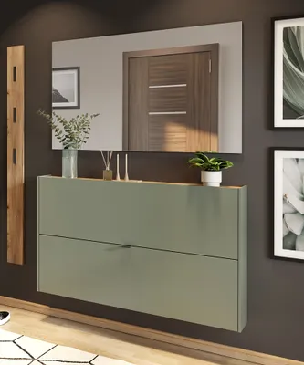 Produktbild von Garderobe Flurgarderobe schmal in grün mit Eiche ABERDEEN-01 modern 3-teilig mit 1 Garderobenpaneel