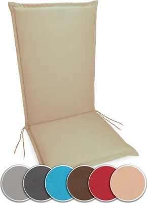 A beige high-back chair cushion is shown against a white background. Below the cushion are circular swatches of different color options for the cushion.