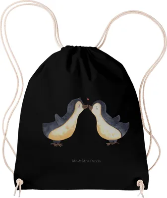 Produktbild von Mr. & Mrs. Panda Turnbeutel Pinguin Liebe - Schwarz - Geschenk, Jutebeutel, gym rucksack, leichter, wander, Vertraut, Drawstring Bag, Geschenkidee, glücklich, Freundin