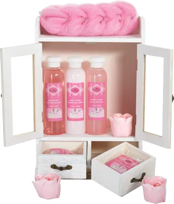 Produktbild von BRUBAKER Cosmetics - 10-teiliges Bade- und Pflege Set Geschenkset - Kirschblüten & Reismilch - Vegan - im Vintage Beauty-Schrank Weiß