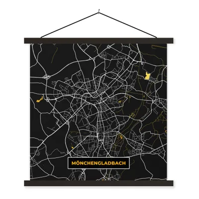 Produktbild von MuchoWow® Textilposter Mönchengladbach - Schwarz und Gold - Karte - Stadtplan - Wegbeschreibung 120x120 cm mit schwarzem Rahmen - Aufhängungsset