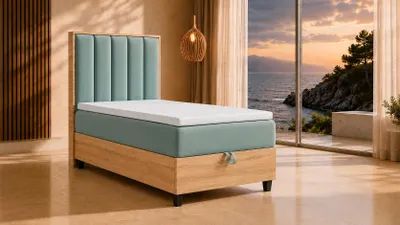 Produktbild von Trinity K-1 Einzelbett 100x200 Mintgrün | Boxspringbett mit Bettkasten | Bonellfederkern & Topper|Polsterbett mit Kopfteil|Lieferung Bordsteinkante