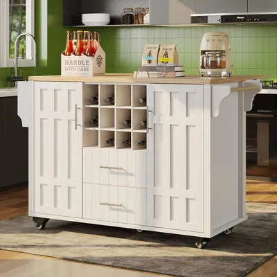 Image de MODFU Îlot de Cuisine Mobile - Desserte avec Plan de Travail et Porte-Bouteilles - MDF et Métal - 140×40-65×94,5 cm - Blanc