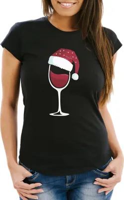 Produktbild von Damen T-Shirt Weihnachten lustig Weinglas mit Weihnachtsmütze Weihnachtsmotiv Fun-Shirt Moonworks® schwarz XXL