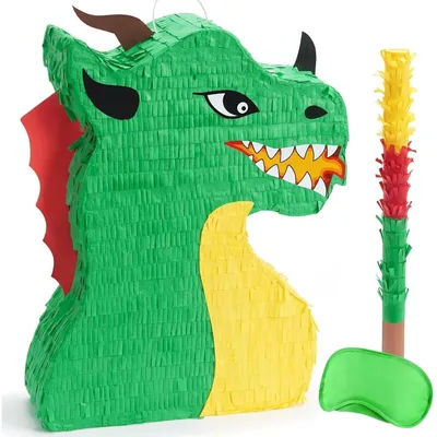 Obrázok produktu pre Dračia piňata s maskou a tyčkou pre detské narodeniny, zelená, rozmer 39x25x8 cm