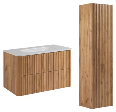 Produktbild von Badmöbel-Set Schrank 80 mit Waschbecken und Hochschrank, Craft-Eiche, 80,30 x 48,4 x 43,7 cm