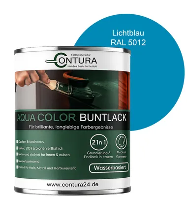 Produktbild von Contura 750ml. Buntlack Lackfarbe Lack Außen Innen Holz Metall Farbe Holzlack Möbellack - Seidenmatt - RAL 5012 Lichtblau