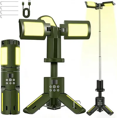 Image de Lampe de camping LED multifonctionnelle ZELURXX, portable, pliable, étanche, rechargeable, lampe de tente d'extérieur, longue durée de fonctionnement, 5 W, 3,7 V, vert militaire