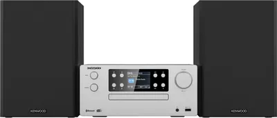 A stereo system with two speakers and a central unit is shown against a white background.