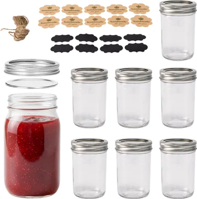Obrázok produktu pre Sklenené poháre na konzervovanie Relaxdays, sada 8 ks, 250 ml, s viečkami, etiketami a šnúrkou, vzduchotesné, poháre na džem, priehľadné/strieborné