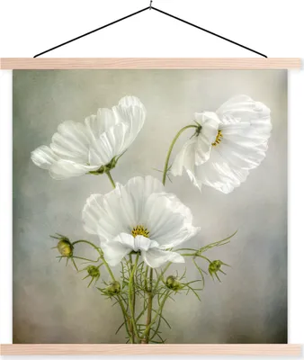 Produktbild von MuchoWow® Textilposter Blumen - Stillleben - Mohn - Weiß - Botanisch 60x60 cm mit holzfarbenen Rahmen - Wanddekoration