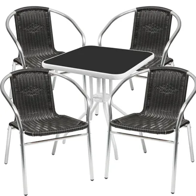 Produktbild von Bistrogarnitur 5-teilig Metall weiß /Glasplatte schwarz Rattan Schwarz