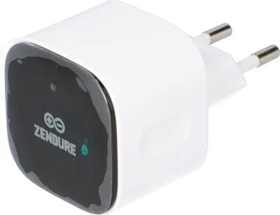 A white Zendure smart energy management device with a black faceplate showing logos and a green indicator light.