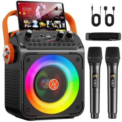 Obrázok produktu pre Karaoke systém, prenosný, Bluetooth 5.3, 2 bezdrôtové mikrofóny, dobíjateľná batéria, 6 režimov LED osvetlenia, nízka hmotnosť 2,1 kg