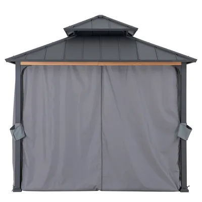 A gray gazebo with curtains is shown against a white background.