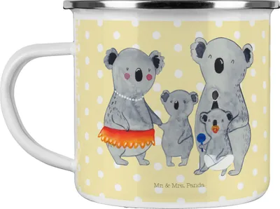 Produktbild von Mr. & Mrs. Panda Haferl Koala Familie - Gelb Pastell - Geschenk, Geschwister, Pott, Teetasse, Emaille Tasse, Muttertag, Kaffeepott, Family, Mama, Teebecher, Koalas