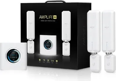 A product box for a Ubiquiti AmpliFi HD router and mesh points, with the devices displayed.